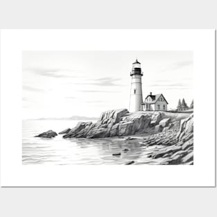 Lighthouse Sea Landscape Wild Ocean Nature Ink Sketch Style Posters and Art